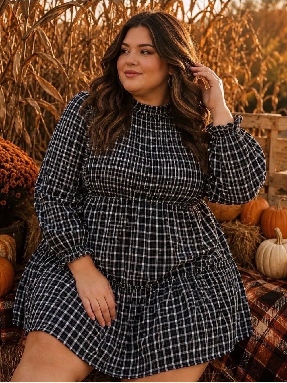 ODDY Black and White Plaid Long Sleeve Tiered Smocked Dress